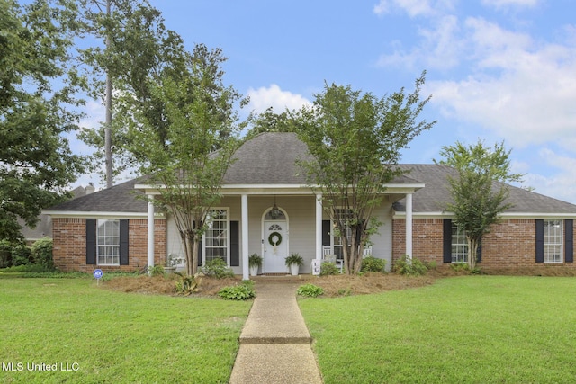 251 Greensview Dr, Brandon, MS 39047 - ranch-style house featuring a front yard, brick siding, a porch, and a shingled roof