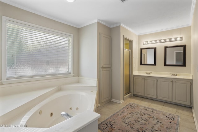 251 Greensview Dr, Brandon, MS 39047 - bathroom with a stall shower, a jetted tub, crown molding, and double vanity