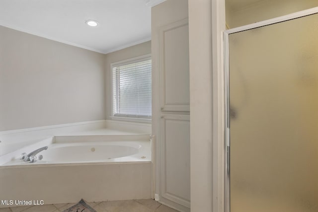 251 Greensview Dr, Brandon, MS 39047 - bathroom featuring a stall shower, a bath, tile patterned flooring, crown molding, and recessed lighting