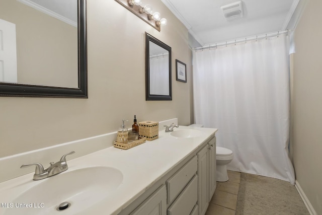 251 Greensview Dr, Brandon, MS 39047 - full bath with crown molding, double vanity, toilet, and a shower with shower curtain