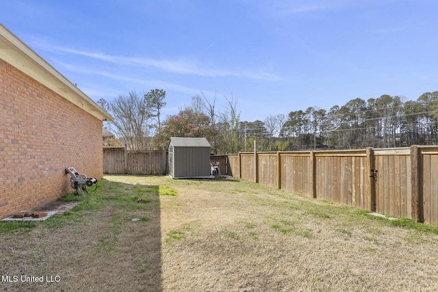 view of yard with a fenced backyard, a storage unit, and an outdoor structure