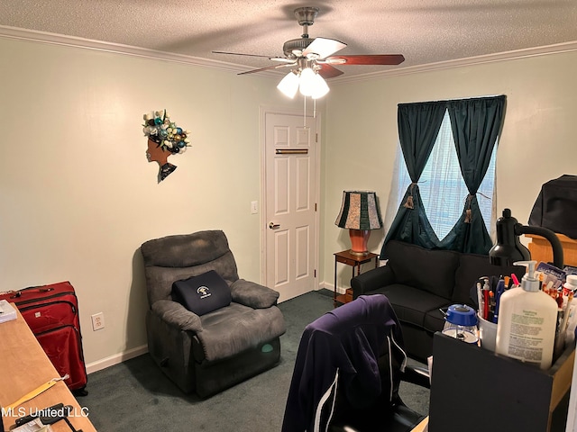 carpeted living room featuring ceiling fan, crown molding, and a textured ceiling