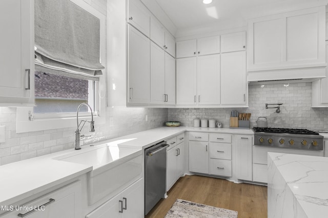 kitchen featuring white cabinets, sink, light hardwood / wood-style flooring, decorative backsplash, and stainless steel appliances