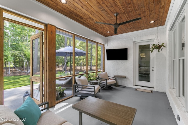 sunroom / solarium featuring ceiling fan and wooden ceiling