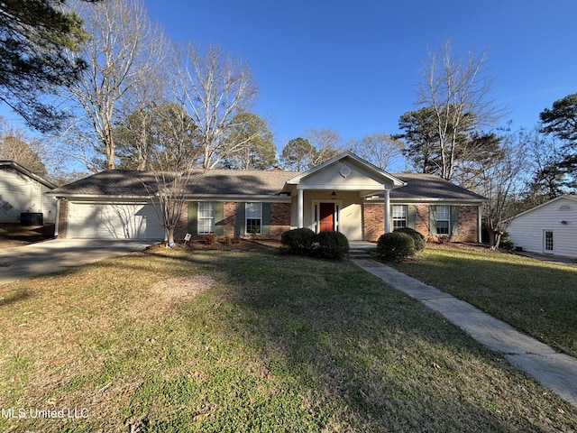 ranch-style home with a porch, a front lawn, and a garage