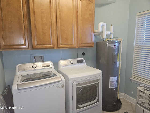 2668 Beach Blvd Unit 702, Biloxi, MS 39531 - laundry room with electric water heater, washing machine and dryer, baseboards, cabinet space, and tile patterned floors