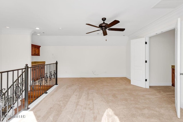17000 River Pl, Vancleave, MS 39565 - unfurnished room with light colored carpet, a ceiling fan, recessed lighting, ornamental molding, and baseboards
