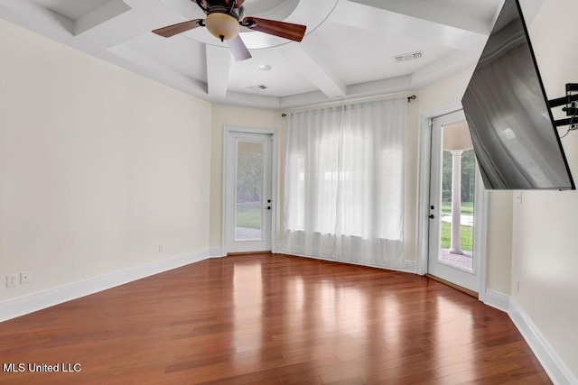 17000 River Pl, Vancleave, MS 39565 - spare room with beamed ceiling, coffered ceiling, wood finished floors, ceiling fan, and baseboards