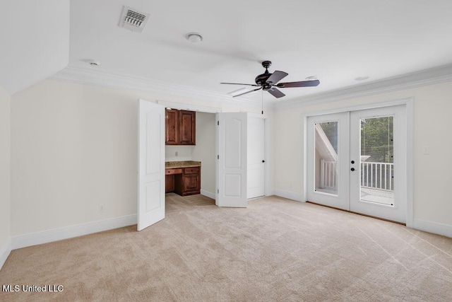 17000 River Pl, Vancleave, MS 39565 - unfurnished bedroom with ornamental molding, access to exterior, french doors, light colored carpet, and baseboards