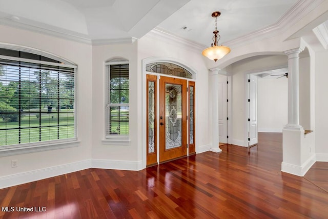 17000 River Pl, Vancleave, MS 39565 - entryway featuring decorative columns, wood finished floors, baseboards, ceiling fan, and ornamental molding