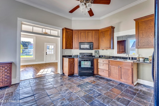 kitchen with dark hardwood / wood-style floors, ornamental molding, sink, black appliances, and ceiling fan