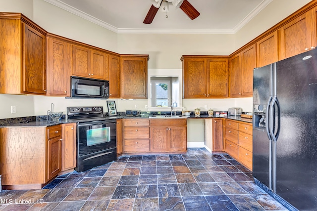 kitchen featuring ceiling fan, black appliances, sink, and ornamental molding