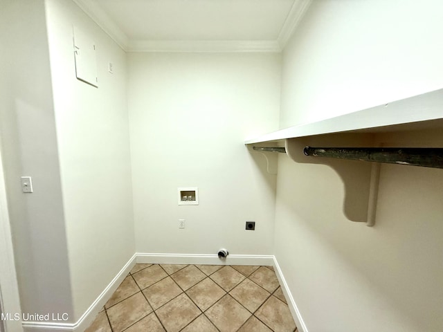 laundry area featuring crown molding, laundry area, hookup for a washing machine, light tile patterned flooring, and hookup for an electric dryer