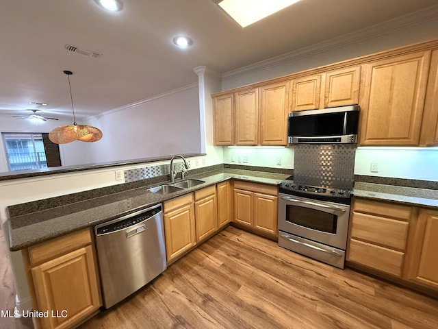 kitchen featuring ornamental molding, a sink, stainless steel appliances, light wood-style floors, and a peninsula