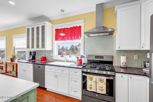 kitchen featuring a wealth of natural light, appliances with stainless steel finishes, ornamental molding, a sink, and ventilation hood