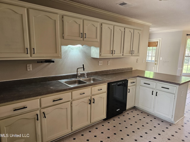 5746 Eagleston Dr, Olive Branch, MS 38654 - kitchen with black dishwasher, a sink, ornamental molding, dark countertops, and a peninsula