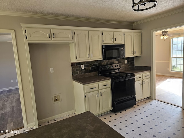 5746 Eagleston Dr, Olive Branch, MS 38654 - kitchen featuring a textured ceiling, crown molding, backsplash, dark countertops, and black appliances