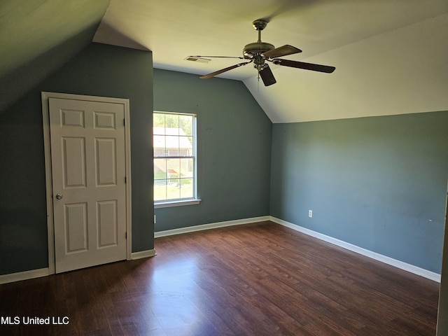 5746 Eagleston Dr, Olive Branch, MS 38654 - bonus room with baseboards, vaulted ceiling, a ceiling fan, visible vents, and wood finished floors