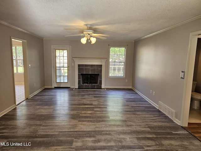 5746 Eagleston Dr, Olive Branch, MS 38654 - unfurnished living room featuring visible vents, a textured ceiling, a ceiling fan, and dark wood finished floors