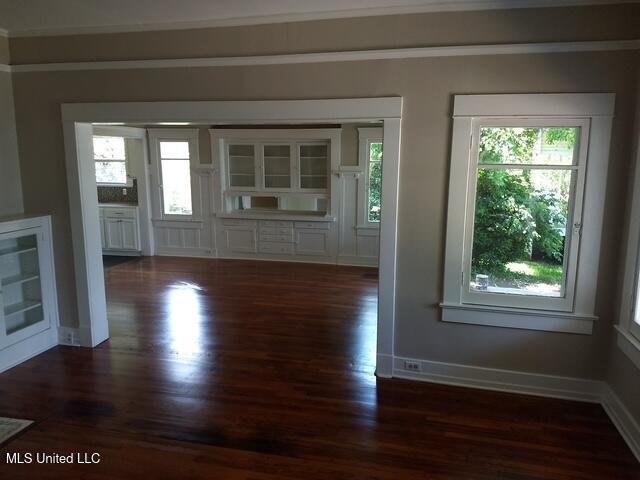 3 New St, Natchez, MS 39120 - unfurnished living room featuring dark wood-style flooring, healthy amount of natural light, and baseboards