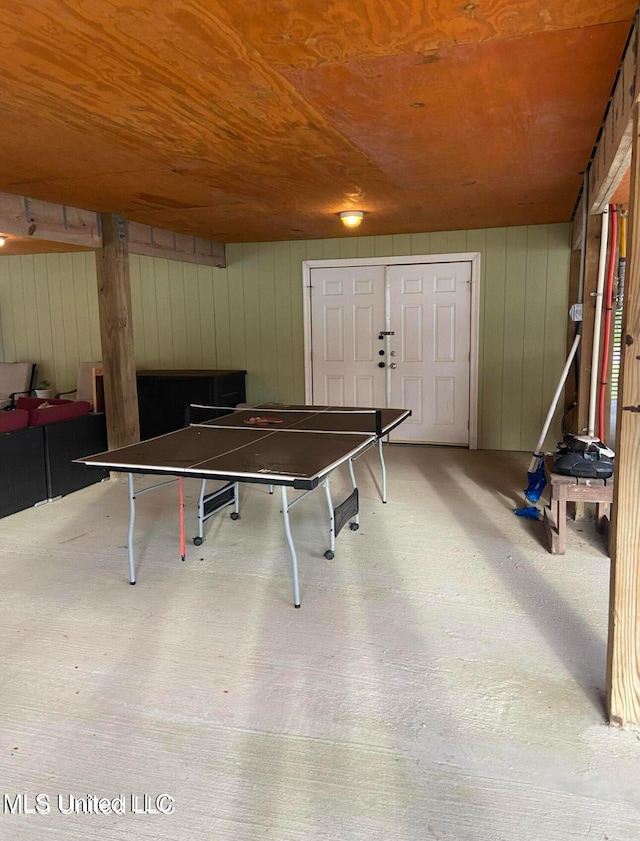 playroom featuring wood ceiling