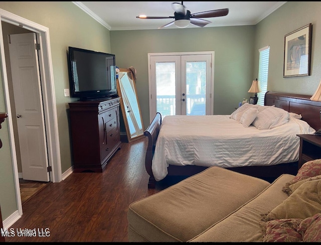 bedroom with dark wood-type flooring, crown molding, french doors, and access to outside