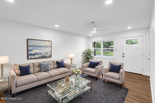 6544 Columbus Cir, Ocean Springs, MS 39564 - living room featuring wood finished floors, recessed lighting, and a ceiling fan