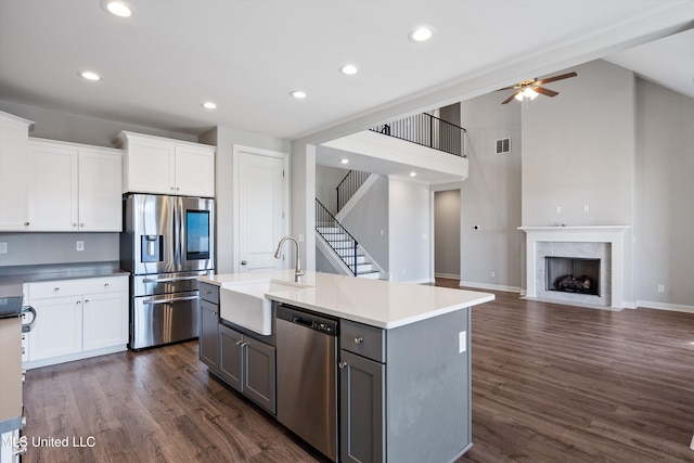 kitchen featuring dark wood-style floors, gray cabinets, appliances with stainless steel finishes, a high end fireplace, and a sink