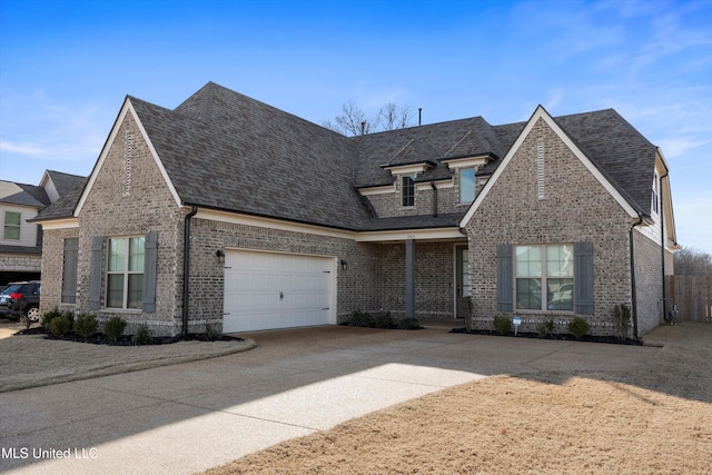 view of front of property featuring a garage, driveway, brick siding, and roof with shingles