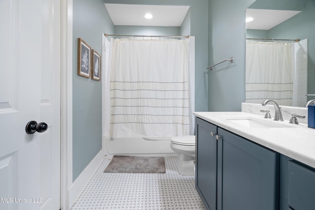 1075 S Laughter Rd, Hernando, MS 38632 - full bathroom featuring vanity, toilet, shower / bath combo, tile patterned floors, and baseboards