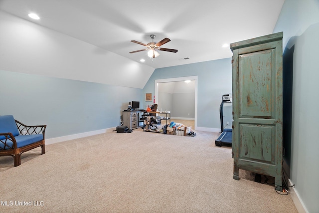 1075 S Laughter Rd, Hernando, MS 38632 - playroom with carpet flooring, a ceiling fan, baseboards, vaulted ceiling, and recessed lighting