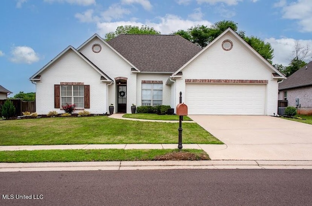 single story home with a garage, fence, a front yard, brick siding, and concrete driveway