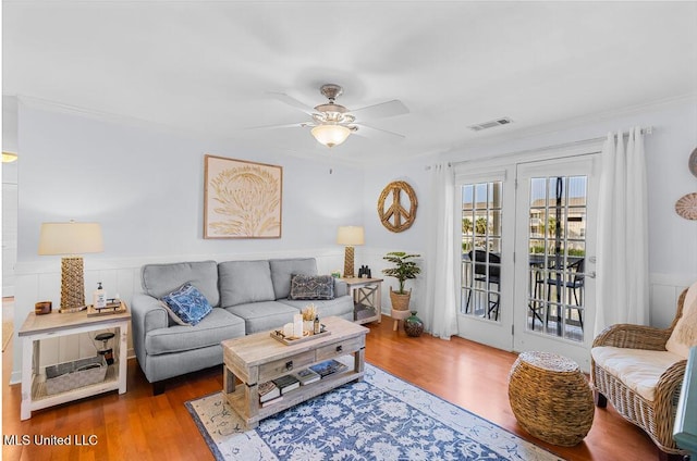 2421 Beachview Dr Unit B02, Ocean Springs, MS 39564 - living area featuring visible vents, crown molding, wainscoting, wood finished floors, and a ceiling fan