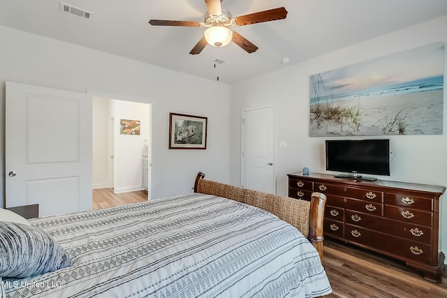 bedroom featuring hardwood / wood-style flooring and ceiling fan