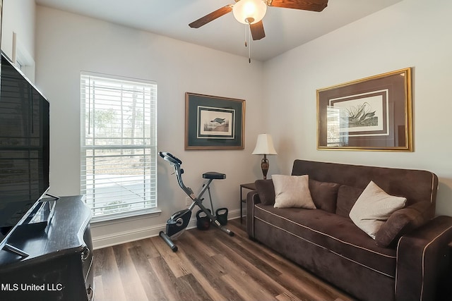 interior space with ceiling fan and dark hardwood / wood-style flooring