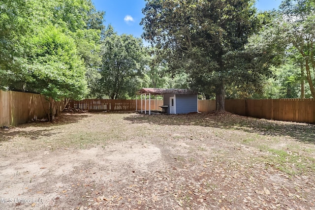 view of yard featuring a storage shed