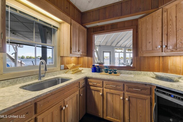 kitchen featuring a healthy amount of sunlight, sink, and wooden walls