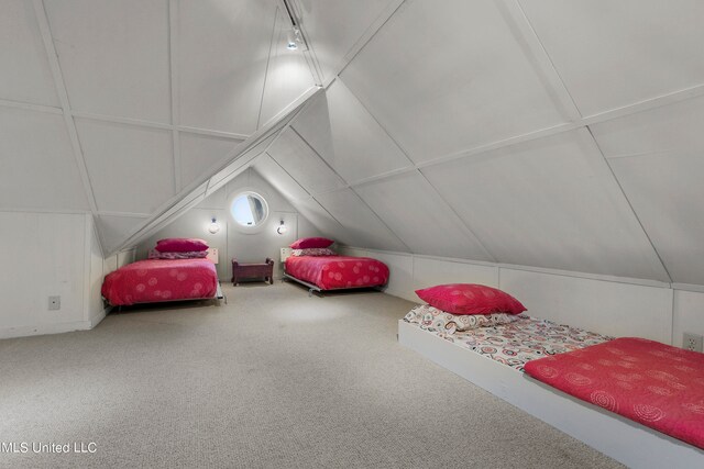 bedroom with vaulted ceiling and carpet floors