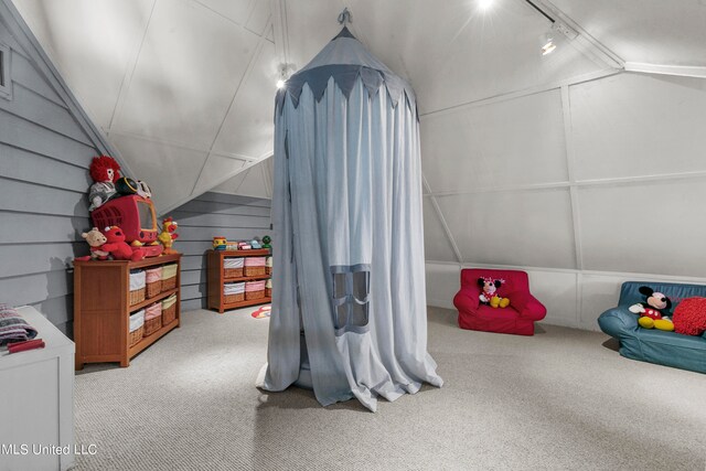 playroom with rail lighting, wood walls, vaulted ceiling, and light colored carpet