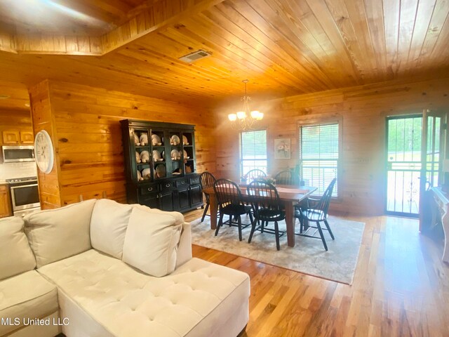 dining room featuring light hardwood / wood-style floors, wood walls, a chandelier, and wooden ceiling