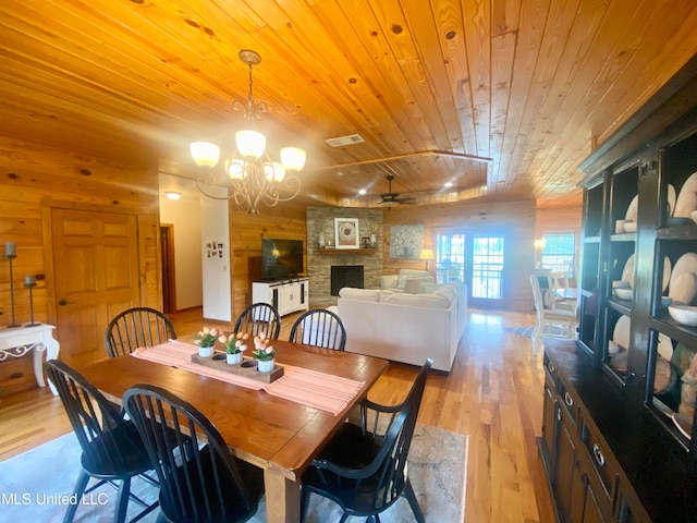 dining area featuring wood ceiling, wood walls, a fireplace, and light wood-type flooring