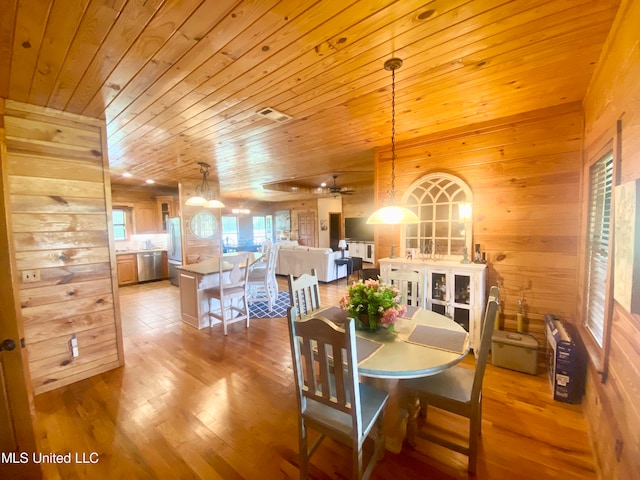 dining room with hardwood / wood-style flooring, wooden walls, wooden ceiling, and ceiling fan