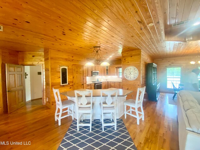 dining room featuring light hardwood / wood-style floors, a notable chandelier, wood ceiling, and wooden walls