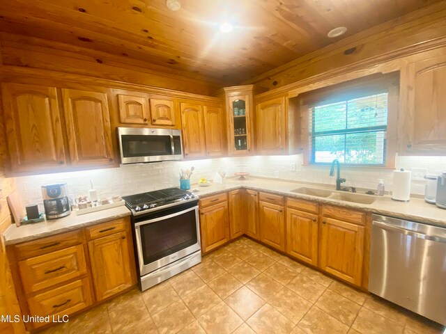 kitchen featuring backsplash, stainless steel appliances, wooden ceiling, and sink