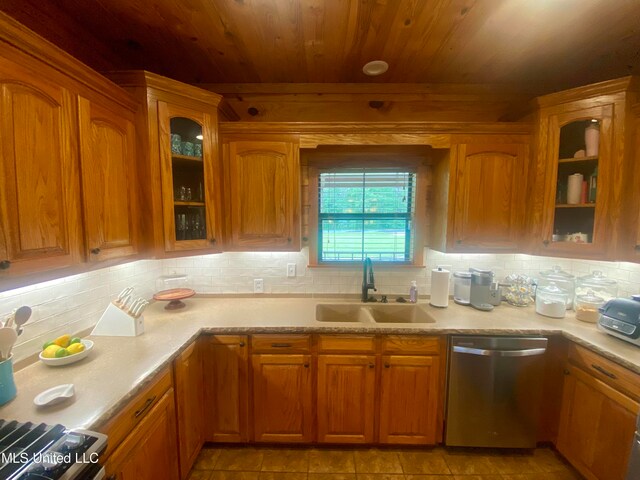 kitchen with dishwasher, decorative backsplash, wooden ceiling, sink, and light tile patterned floors