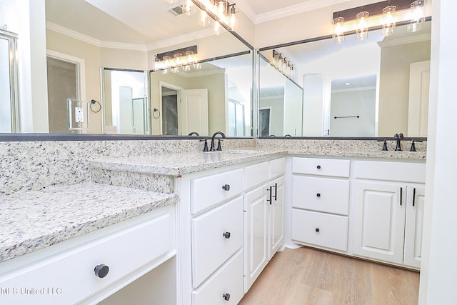 bathroom featuring vanity, ornamental molding, and wood-type flooring