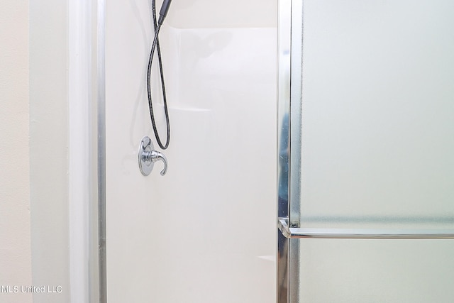 interior details with a shower with shower door