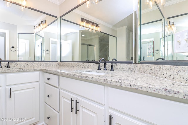 bathroom featuring vanity, crown molding, and a shower with shower door