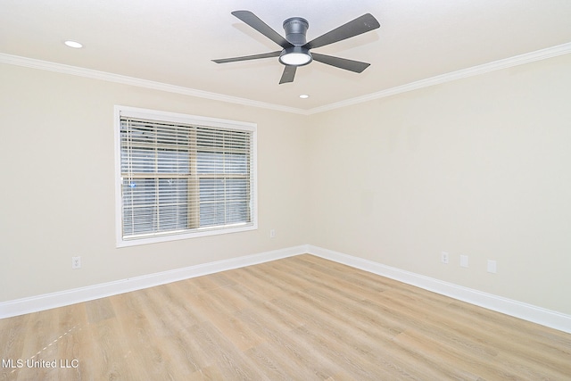 unfurnished room featuring crown molding, light wood-type flooring, and ceiling fan