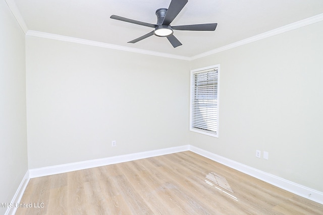 empty room with light hardwood / wood-style floors, crown molding, and ceiling fan